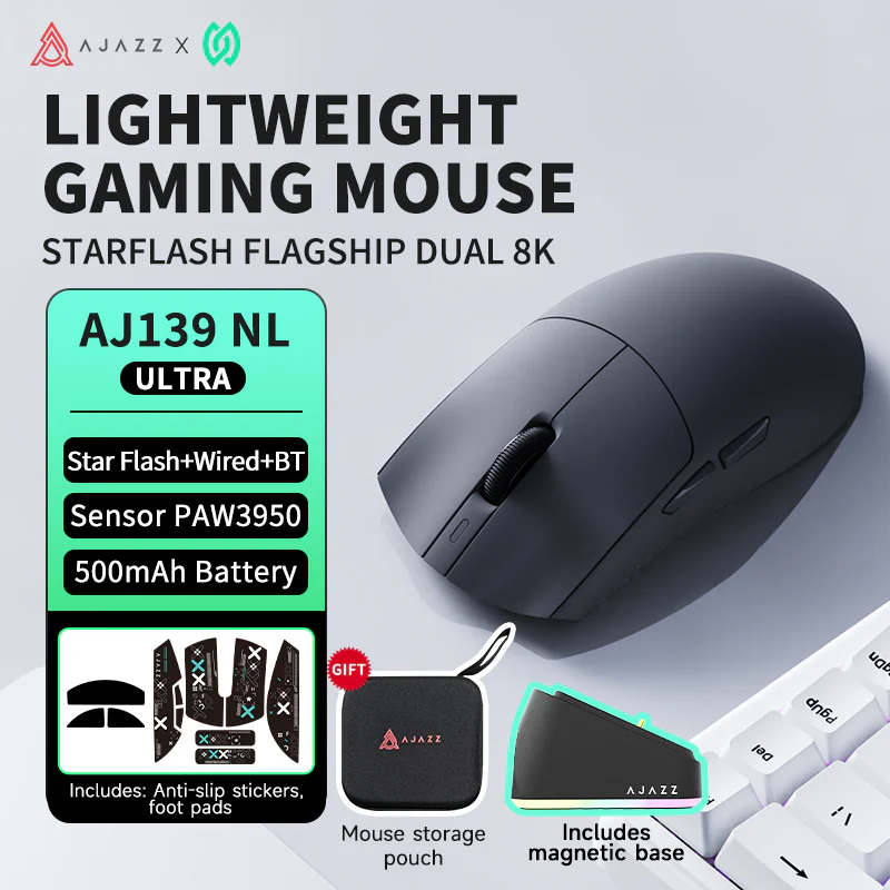 AJAZZ AJ139P NL V3 Ultra Magnetic base gaming mouse Star Flash+Wired+BT Sensor PAW3950 500mAh Battery - Image 14