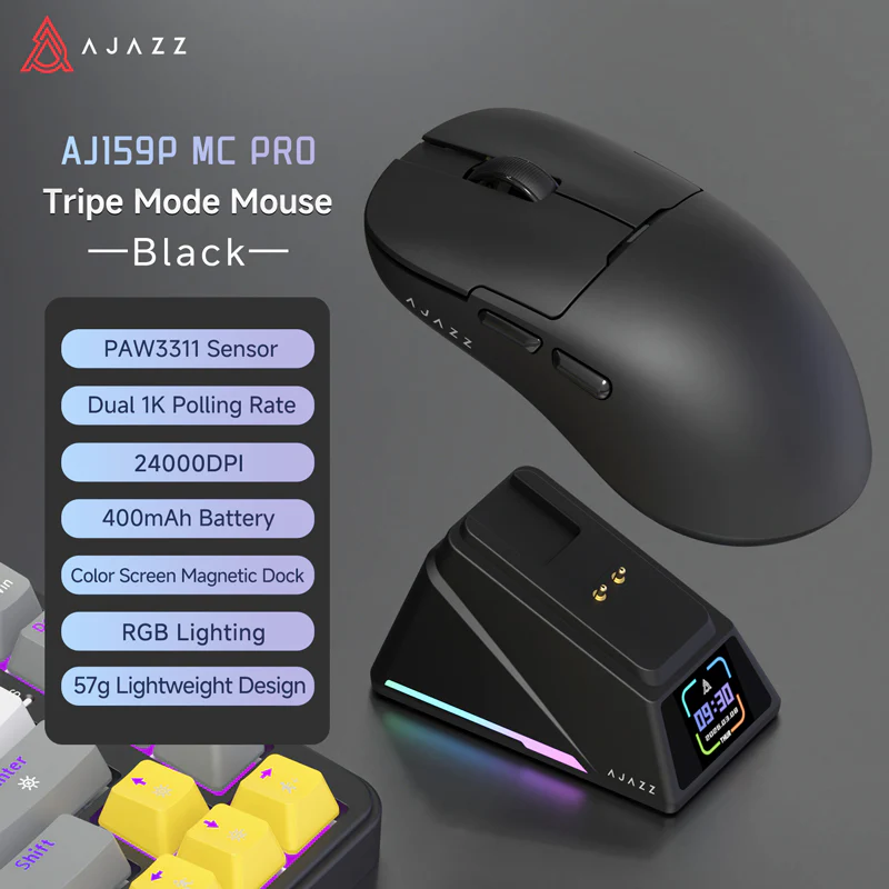AJAZZ AJI59P MC PRO Wireless Gaming & Office Mouse – Color Screen, Magnetic Dock, PAW3311 Sensor Dual 1K Polling Rate, 24,000 DPI, 400mAh Battery, RGB Lighting, 57g Lightweight Design