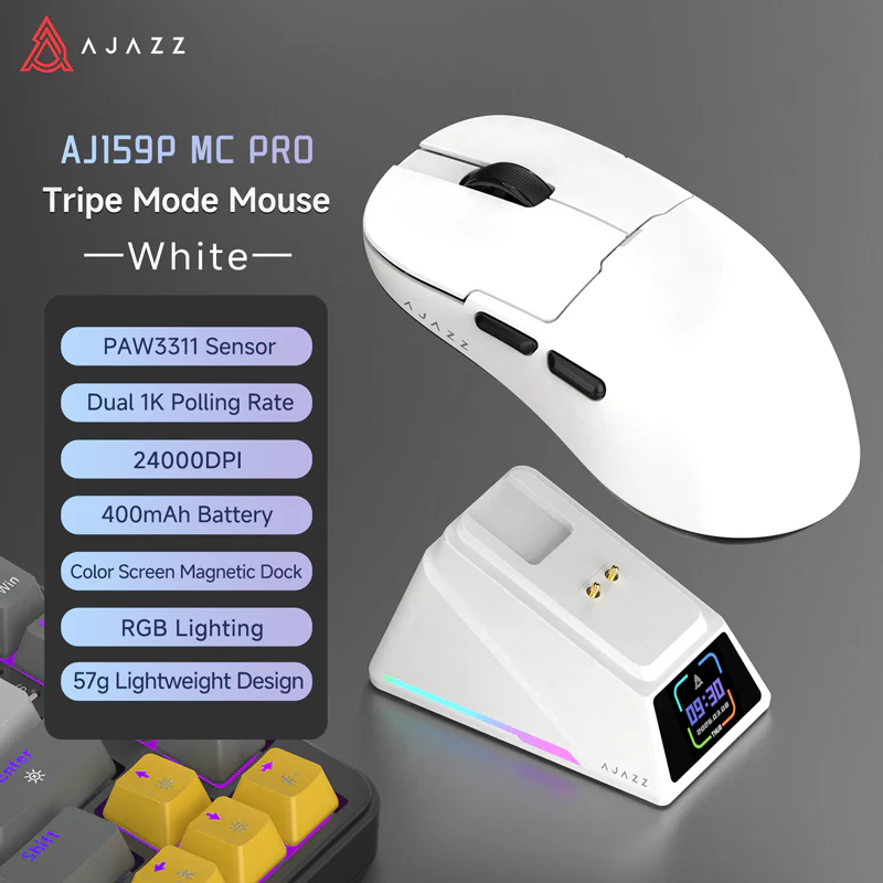 AJAZZ AJI59P MC PRO Wireless Gaming & Office Mouse – Color Screen, Magnetic Dock, PAW3311 Sensor Dual 1K Polling Rate, 24,000 DPI, 400mAh Battery, RGB Lighting, 57g Lightweight Design - Image 2