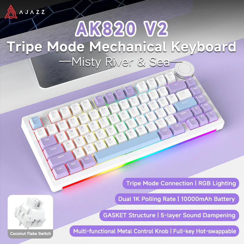 AJAZZ AK820 V2/PRO 10000mAh 2.4G/BT/Wired 1k+1K/8k+8K Gaming mechanical keyboard Underglow RGB - Image 71