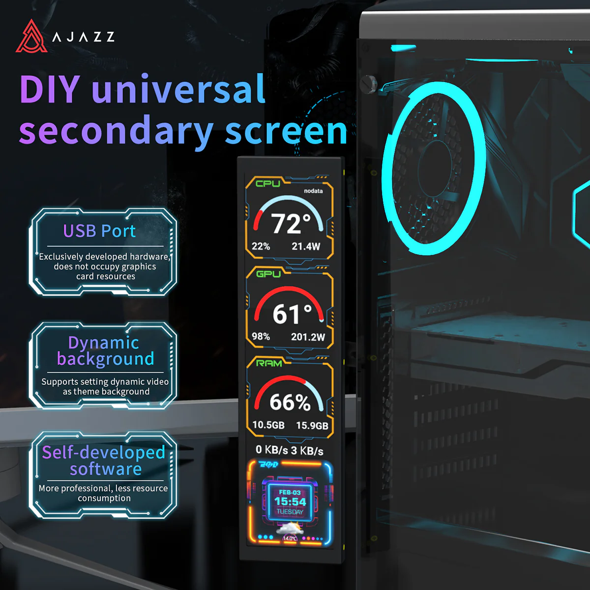 Ajazz AKP02 DIY Universal Secondary Screen 9.2 inches Supports setting dynamic videoas theme background - Image 4