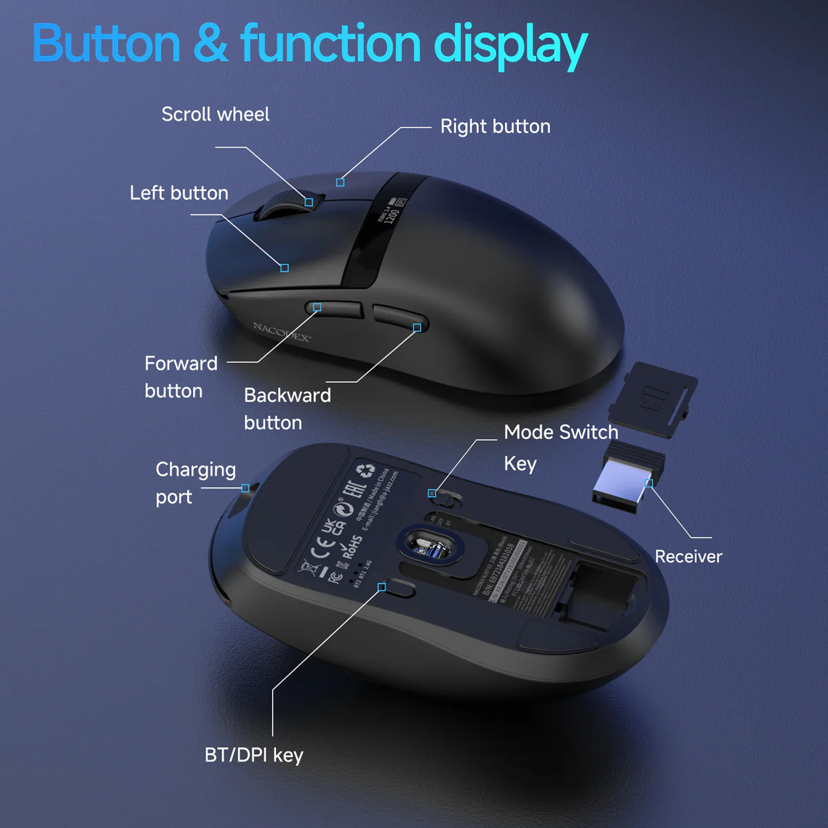 AJAZZ NJ07 V2 2.4G/Bluetooth/Wired Gaming Mouse PAW3311 Sensor 1K Polling Rate 300mAh Battery 6-Level Adjustable DPI - Image 12