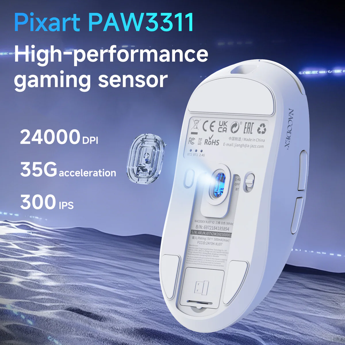 AJAZZ NJ07 V2 2.4G/Bluetooth/Wired Gaming Mouse PAW3311 Sensor 1K Polling Rate 300mAh Battery 6-Level Adjustable DPI - Image 6
