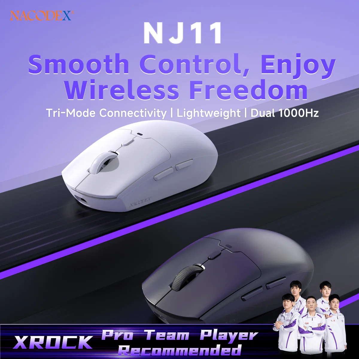 AJAZZ NJ11 Wireless Gaming Mouse with 1000Hz Polling Rate 6-Level Adjustable DPI 300mAh High-Capacity Battery Lightweight Design